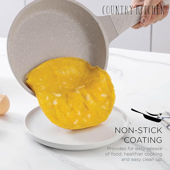 Country Kitchen Non-Stick Cast Aluminum Cookware Set - Durable Kitchen Cookware for Everyday Cooking Cream Rhombus 11 Pc.