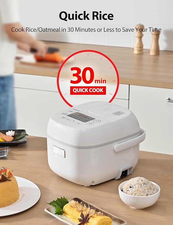 Toshiba Mini Rice Cooker 3 Cups Uncooked Small Rice Cooker Steamer &amp Warmer With Fuzzy Logic And One-Touch Cooking 24 Hour Delay Timer And Auto Keep Warm Feature White