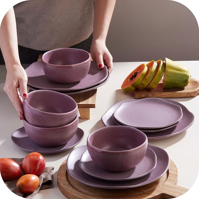 Corona Dinnerware Set 12–piece Plates and Bowls Set Ceramic Sets for 4 Microwave and Dishwasher Safe Gulupa Reactive Glaze Bold &amp Matte Set.