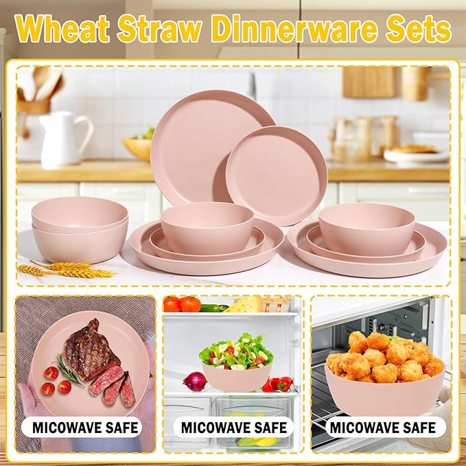 EI 12pcs Pink Wheat Straw PlatesWheat Straw Dinnerware Set for 4Plates and Bowls SetsPlastic Plate ReusableUnbreakable Plastic Plate MelamineCamping Family Dishes Set