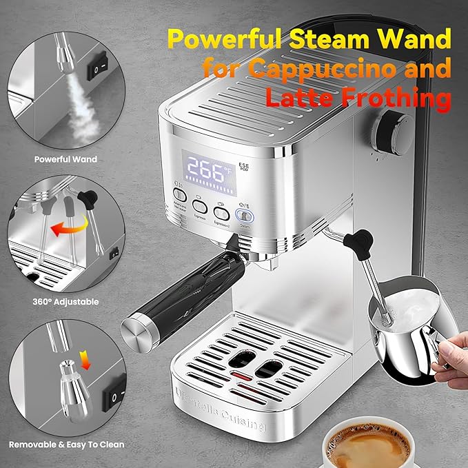 Espresso Machine 20 Bar Stainless Steel Espresso Maker with Steam Milk FrotherExpresso Machine for Home Temperature Control and LED Display Coffee Machine for Cappuccino Latte Americano