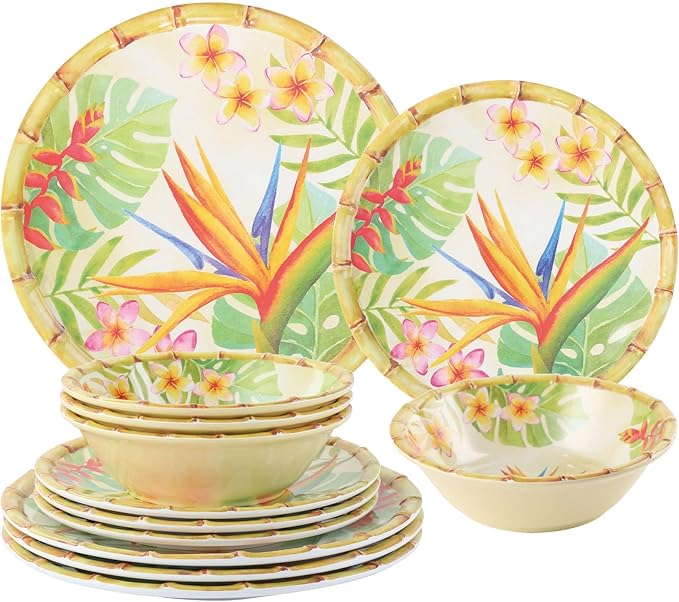 UPware 12 Piece Bird of Paradise Melamine Dinnerware Sets Outdoor Dishes Set Plates and Bowls Sets Service for 4 Multicolor