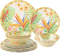 UPware 12 Piece Bird of Paradise Melamine Dinnerware Sets Outdoor Dishes Set Plates and Bowls Sets Service for 4 Multicolor