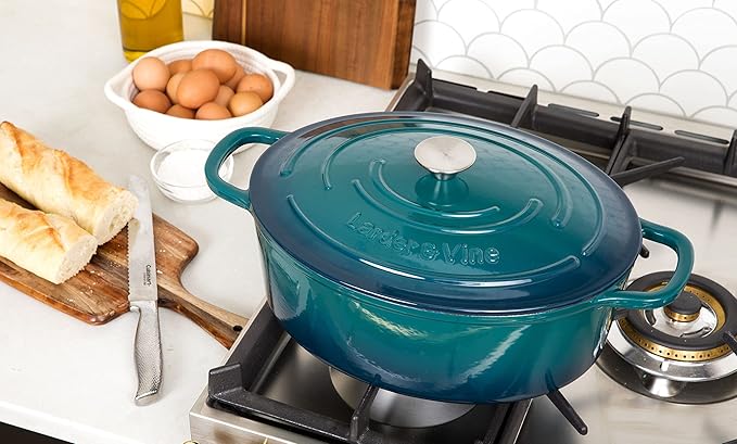 Larder &amp Vine 6-Piece Enameled Cast Iron Pan Cookware Sets Includes 8 Quart and 5.7 Quart Dutch Oven with Lids Braiser/Crock Pot with Lid (Bondi)