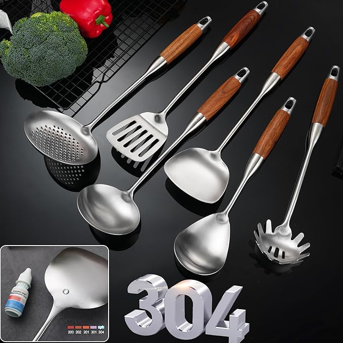 Stainless Steel Cooking Utensils with Wooden Handle 6 PCS Stainless Steel Kitchen Utensils 12.5-14 Wok Spatula Ladle Skimmer Slotted Spatula Turner Spaghetti Spoon Large Spoon