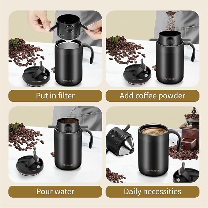 Pour Over Coffee Maker Set 16oz Stainless Steel Insulated Mug Foldable Filter for Camping Travel Office (Black)