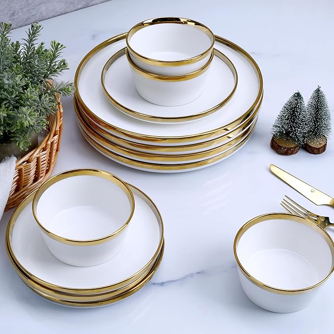 Premium Dinnerware Set 12-Piece with Gold Rim Service for 4White Bone China Porcelain Plates &amp Bowls Chip Resistant Oven &amp Dishwasher Safe for Fine Dining Set