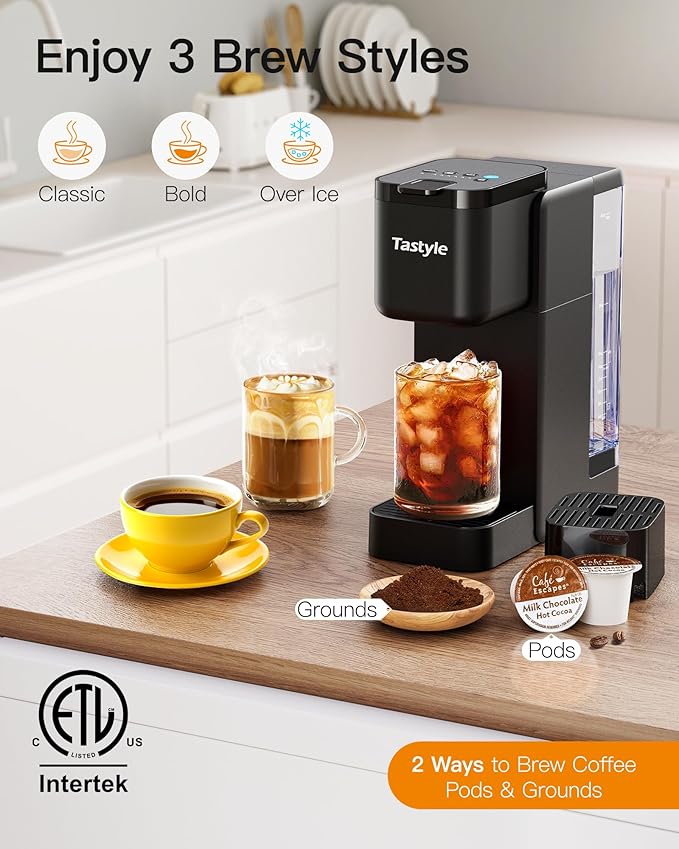 Single Serve Hot &amp Iced Coffee Maker with Strong Brew 40oz Removable Reservoir 6 Brew Sizes Compatible with K Cup and Grounds Compact for Home Office RV and Dorm Black (2.0 Version)