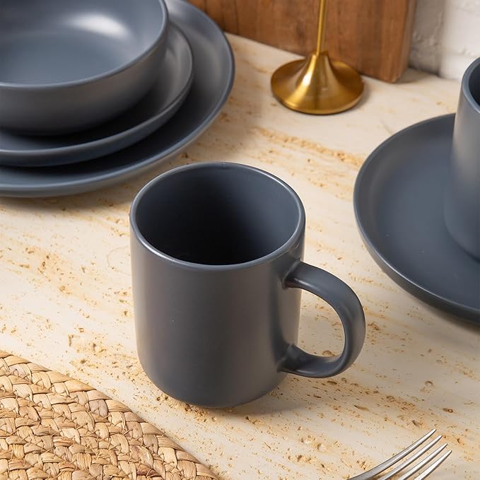 12-Piece Stoneware Dinnerware Set with Mugs | Microwave and Dishwasher Friendly | Stackable Matte Glaze Plates &amp Bowls | Service for 3 (Blue for 3)