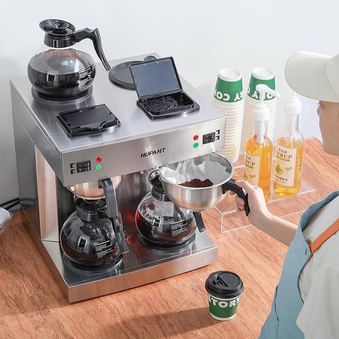 Dual Drip Commercial Coffee Maker 200 Cup/hour 7.2L Pour Over Coffee Machine with 4 Glass Carafe and 4 Warmers Stainless Steel Double Coffee Brewer Staition for Restaurant and COFFEE Bar