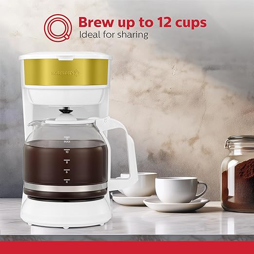 Holstein Housewares 12-Cup Coffee Maker 61oz Drip Coffee Machine with Glass Carafe Auto Pause &amp Serve Compact Design – Ideal for Home Office &amp Travel Coffee Brewing White and Gold