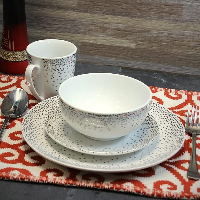 Misc Platinum Dots 16 Piece Round Ceramic Dinnerware Set Grey Textured Modern Contemporary
