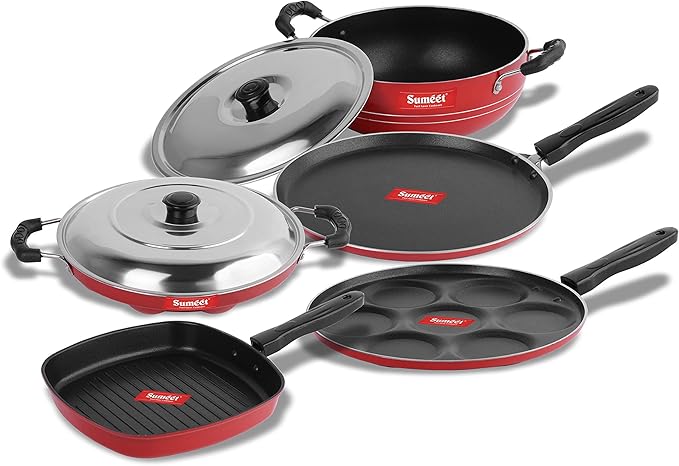 Sumeet 2.6mm Thick Non-Stick Rubrum Cookware set (Dosa Tawa – 26.5cm Dia + Multi snack maker – 26.5cm Dia + Kadhai With Lid – 1.5Ltr + Grill Appam Patra With Lid – 23cm Dia + Grill Pan – 1.1Ltr)