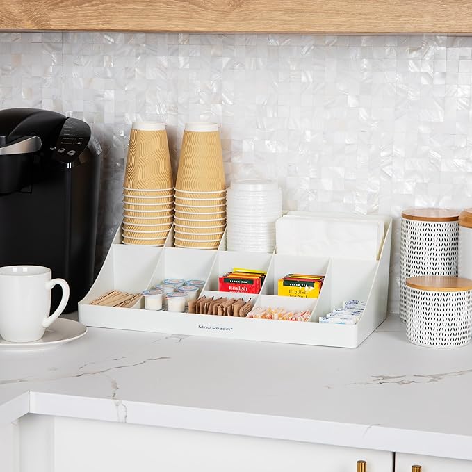 Mind Reader Cup and Condiment Station Countertop Organizer Coffee Bar Kitchen Stirrers 17.875L x 9.5W x 6.625H White