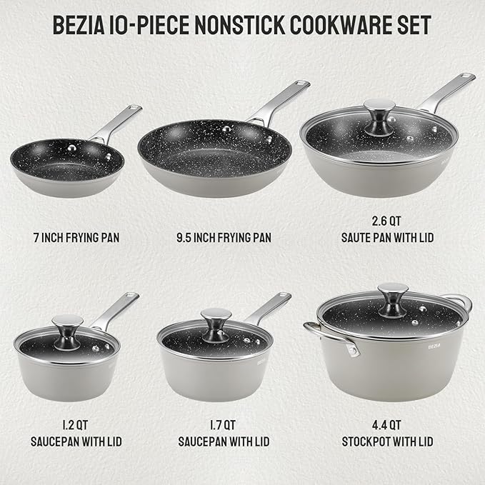 Induction Cookware Nonstick BEZIA Pots and Pans Set for Induction Cooktop Compatible with All Stoves Dishwasher Safe Kitchen Cooking Pan Set with Frying Pans Saucepans &amp Stockpot 10-Piece (Gr