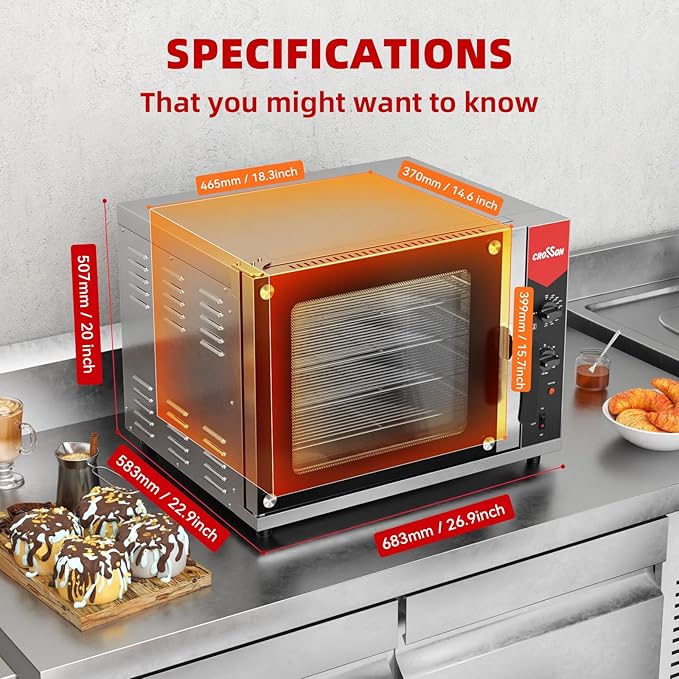 CROSSON 68L Half-Size Convection Oven4-Tier Commercial Toaster oven w/Front Glass Door4 set of Trays&ampWire Racks60 Minutes Timer and Interior Light 120V/1800W Countertop Conventional Oven