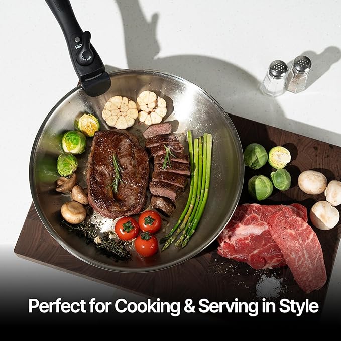 316 Stainless Steel Removable Handle Cookware 5-Ply Stackable Cookware Set 6-Piece Pans with Universal Lid Induction Compatible Oven &amp Dishwasher Safe