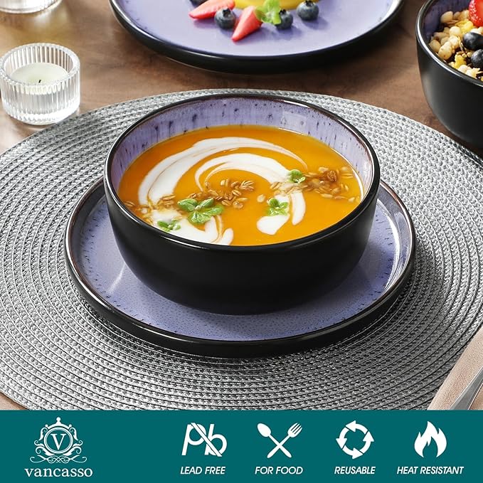 vancasso Plates and Bowls Sets 24 Pieces Stoneware Dinnerware Sets for 8 Kitchen Dish Set Mircowave and Dishwasher Safe Ceramic Dishware Purple Series AMBER