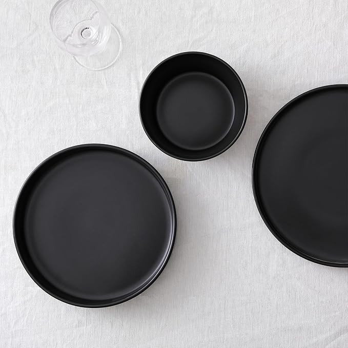 Stone Lain Celina Stoneware 12-Piece Dinnerware Set Cereal and Pasta Bowls Black Coupe