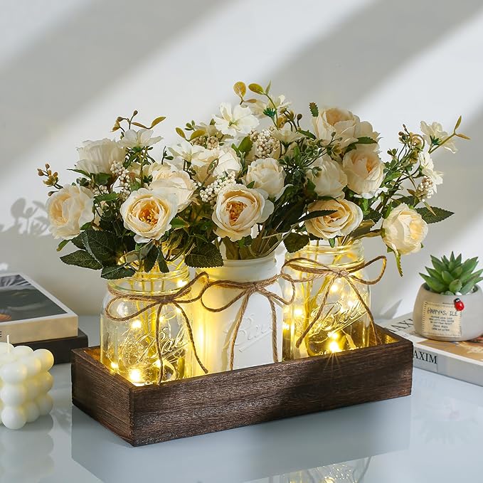 3 Pcs Mason Jar Centerpiece Table Decorations for Dining Table Decor Farmhouse Coffee Table Decor with Wood Tray and Led Light Table Centerpieces for Dining room Kitchen Living BathroomWhite