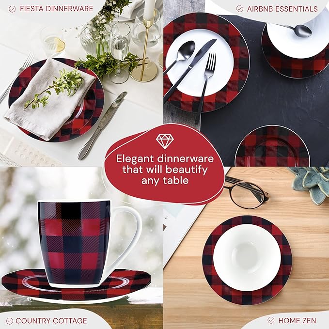 Safdie &amp Co. 16-Piece Red Black Plaid Dinnerware Set Porcelain Includes Bowls Plates and Mugs Dishwasher Safe
