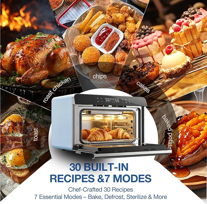ROBAM Toaster Air Fryer Combi Oven Countertop Steam Oven 20-in-1 with Convection Steam Roast &amp Bake Multi-Stage Cooking Self-Clean 7 Modes 30 Built-In Recipes for Kitchen Pizza Baking (Blue)