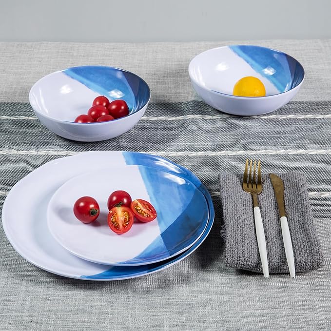 Webbylee Melamine Dinnerware Set for 4-12pcs Melamine Plates and Bowls Set for Indoor/Outdoor Use Scratch-Resistant Dish SetLightweight&ampDishwasher Safe Blue Dinnerware