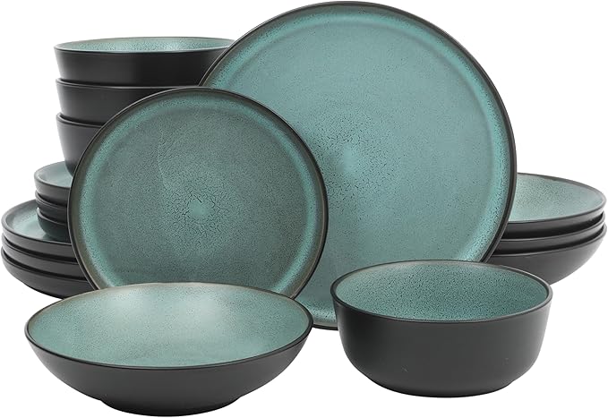 Gibson Elite Tribeca Loft 16-Piece Dinnerware Set – Matte Black and Green Reactive Glaze Stoneware Double Bowl Round Plates and Bowls – Modern Rustic Tableware for 4 Dishwasher &amp Microwave Safe