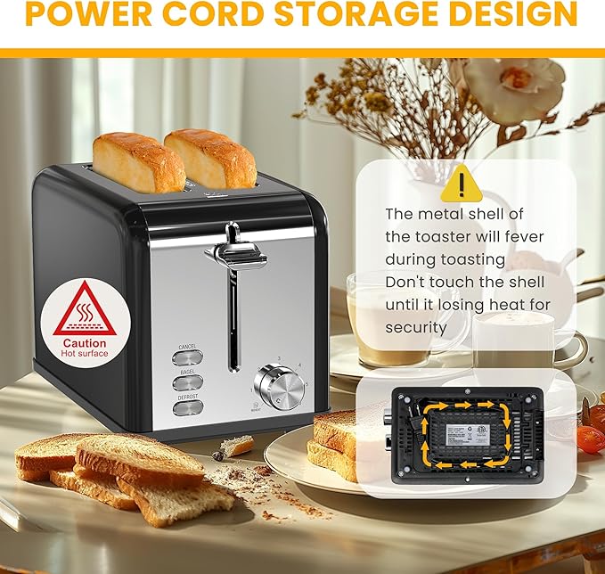 Simple Deluxe 2-Slice Toaster Stainless Steel Toaster 6 Browning Setting and 3 Function Extra Wide Slot &amp Removable Crumb Tray for Bread &amp Waffle Black