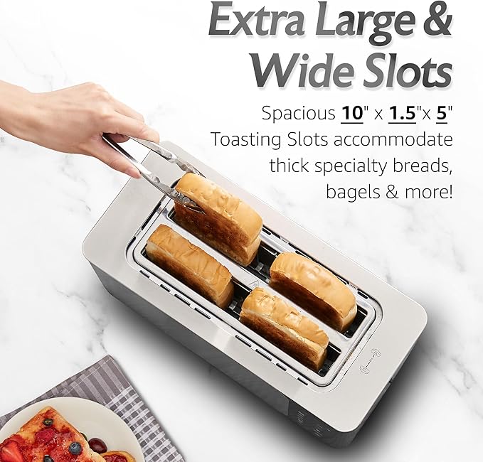 Elite Gourmet ECT5924D SmartToast Digital Long Slot 4 Slice Toaster 1.5” Wide Slots for Thick Breads &amp Bagel Function LED Touch Screen Countdown Timer 6 Shades Stainless Steel