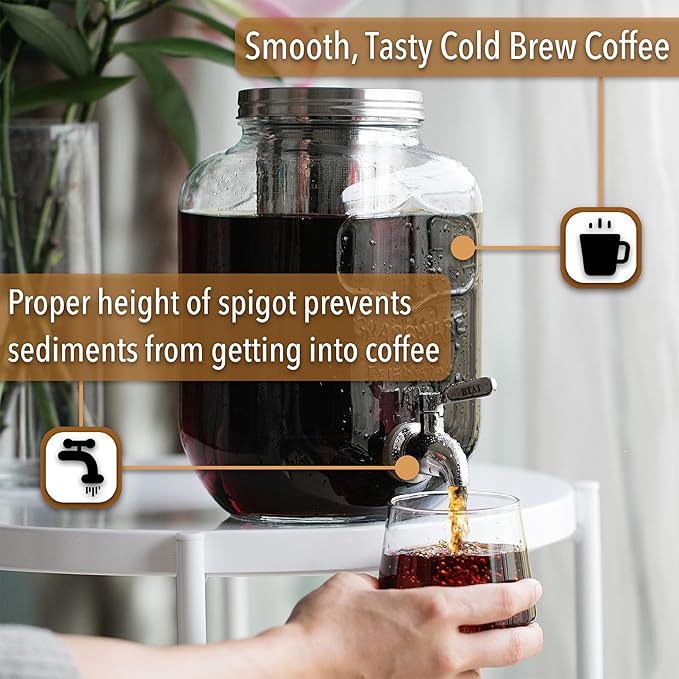 BTaT- 1 Gallon Cold Brew Coffee Maker Thick Glass Pitcher with Stainless Steel Filter Lid &amp Spigot Iced Coffee &amp Sun Tea Brewer Large Mason Jar Cold Brew Container Fast Iced Tea Maker for