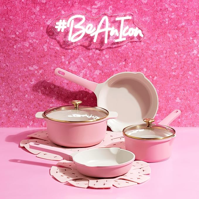 Paris-Hilton 10-Piece Nonstick Cast Aluminum Cookware Set with Ceramic Coating &amp Heart-Shaped Knobs – Durable Easy-Clean Pots &amp Pans with Lids for Stylish Home Cooking (Pink)