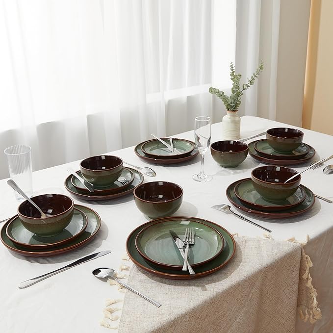36 Piece Stoneware Dinnerware Sets Ceramic Plates and Bowls Set Microwave &amp Dishwasher Safe Kitchen Dish Set Modern Dinner Salad Plates | Cereal Bowls for 12 Dishware Sets Sage Green