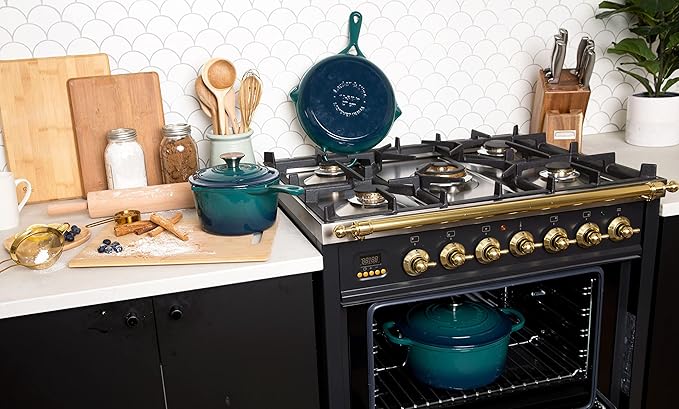 Larder &amp Vine 5-Piece Enameled Cast Iron Cookware Set - Includes 5.7 Quart Dutch Oven with Lid 10.25 Inch Skillet 2.2 Quart Saucepan with Lid (Bondi)