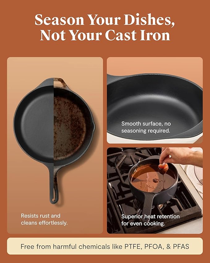 Caraway 8-Piece Enameled Cast Iron Set - 10.5” Skillet Grill Pan 3.5 qt Braiser Pan 6.5 qt Dutch Oven with Lid and Organizers - Non-Toxic 3-Layer Enamel Coating - No Seasoning Required - Gray