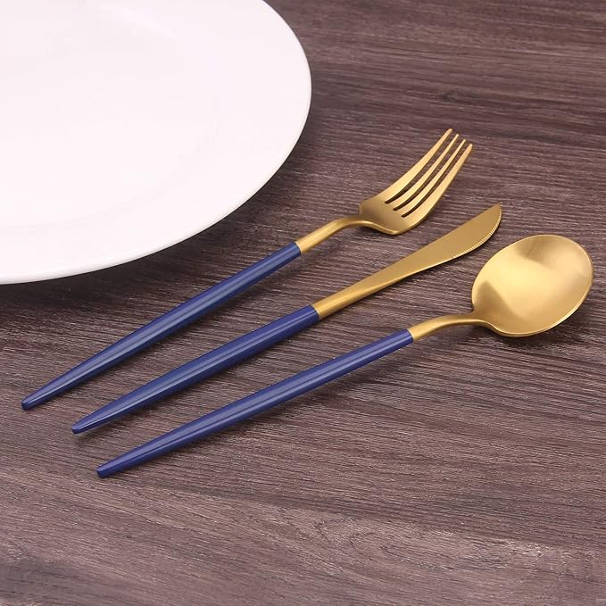 Matte Gold Silverware Set with blue handle Bysta 20-Piece Stainless Steel Flatware Set Kitchen Utensil Set Service for 4 Tableware Cutlery Set for Home and Restaurant Satin Finish Dishwasher Safe