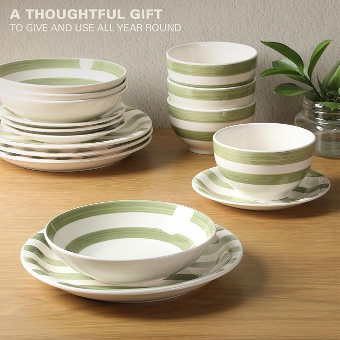 Gibson Home Kenwood Shores 16 Piece Dinnerware Set Green Striped Hand-Painted Stoneware Plates and Bowls Service for 4 Microwave &amp Dishwasher Safe