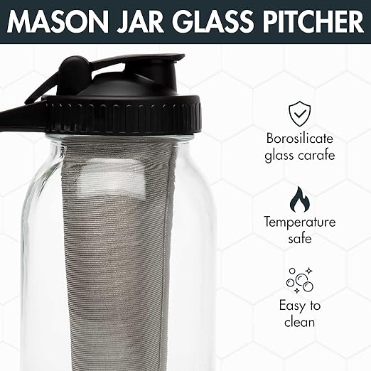 Primula Mason Jar Cold Brew Iced Coffee Maker with Stainless Steel Filter and Easy Pour Lid Durable Glass Pitcher Fits in Most Fridge Doors Dishwasher Safe Made without BPA 2-Quart Black