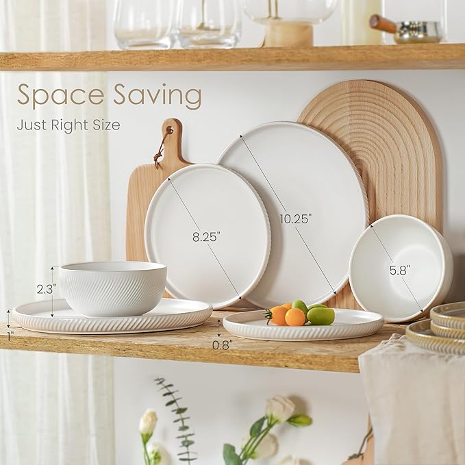 Earthsong Dinnerware Sets for 4 12-Piece Ceramic Plates and Bowls Set Dishwasher and Microwave Safe Stoneware Dishes Set Ribbed Snowcrest White