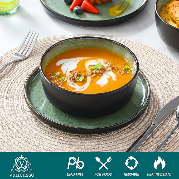 vancasso Plates and Bowls Sets 24 Pieces Stoneware Dinnerware Sets for 8 Kitchen Dish Set Mircowave and Dishwasher Safe Ceramic Dishware Turf Green Series AMBER