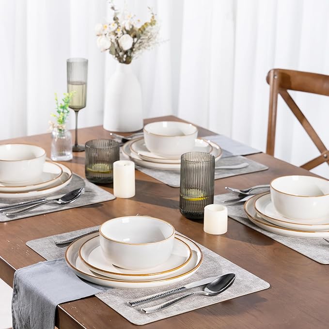 GBHOME Ceramic Dinnerware Sets for 4 12 Pieces Stoneware Plates and Bowls Sets Scratch Resistant Dishes Dishwasher &amp Microwave Safe Reactive Glaze-White