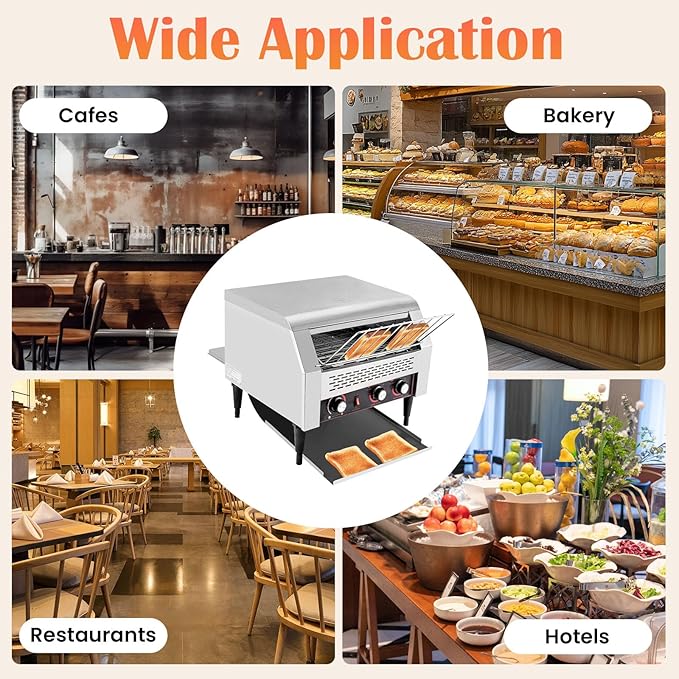 150/450 Slices/Hour Commercial Conveyor Toaster Stainless Steel Heavy Duty Industrial Bread Baking Machine w/ 3 Ring Heating Tubes for Baking Sliced Bread Toast (2600W(TT-450L))