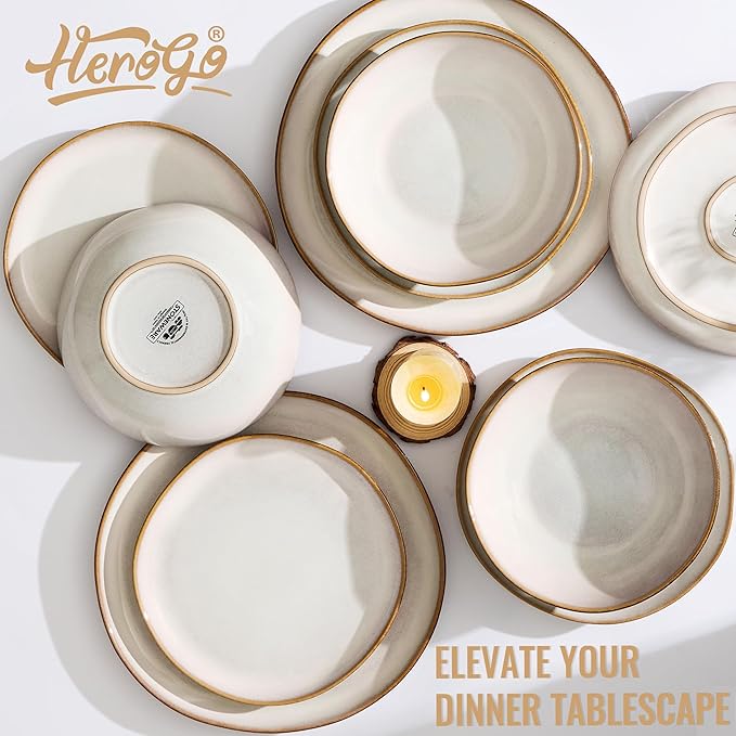 Herogo Stoneware Dinnerware Sets 12 Piece Dinner Dishes Set for 4 Ceramic Plates and Bowls Dishware Tableware Includes Dinner Salad Plates Soup Bowls Microwave &amp Dishwasher Safe Pearl White