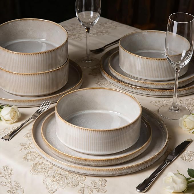 Stoneware Dinnerware Sets for 4 Stoneware Plates and Bowls Set 12-Piece Ribbed Dishes – Chip &amp Scratch Resistant Microwave and Dishwasher Safe Tableware Warm White