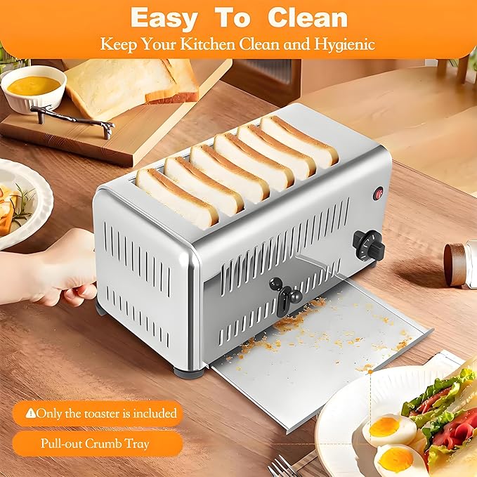 Professional-Grade 6-Slice Stainless Steel Toaster Commercial-Grade Extra-Wide Slot with Crumb Tray Even Heating to Ensure Even Cooking. Suitable for Home Kitchens Restaurants and Bakeries.