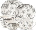 Pemberly Row 16-Piece Porcelain Dinnerware Set Floral White Design Includes Dinner Plates Salad Plates Bowls Mugs Lightweight Chip-Resistant Dishwasher &amp Microwave Safe Modern Table Settin