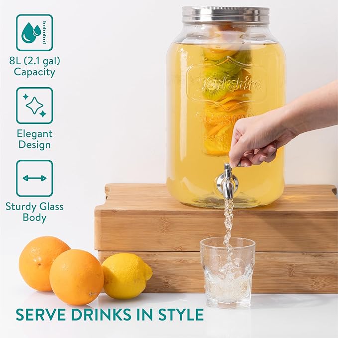 Navaris Drink Dispenser with Tap - 2.1gal (8L) - Glass Drinks Dispenser w/Fruit Infuser &amp Ice Insert - Large Water or Cocktail Jar - For Party Office or Home