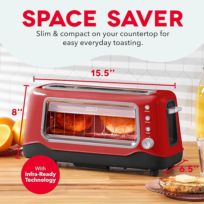 Dash Clear View Toaster - Features Large Window &amp Extra-Wide Slots - Auto-Shut Off Feature - Bagel Functions &amp Seven-Browning Levels - 1-Touch Defrost - Red
