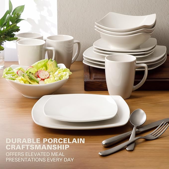 Gibson Home Zen Buffet Porcelain Chip and Scratch Resistant Dinnerware Plates Bowls and Mugs Set Service for 4 (16pcs) White (Square Dishes)