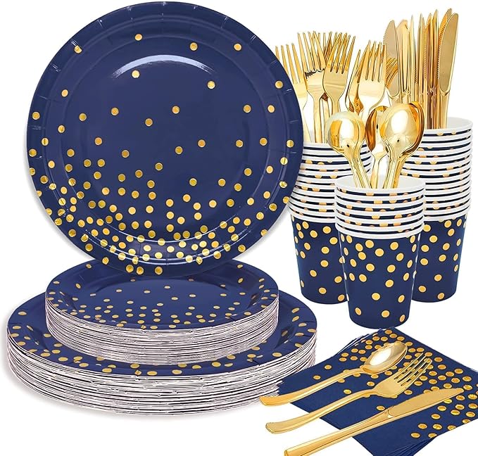 175PCS Blue Plates and Napkins Party Supplies Blue and Gold Party Decorations Serve 25 Guests - Royal Blue Paper Plates for Birthday 2026 Graduation Party Decorations